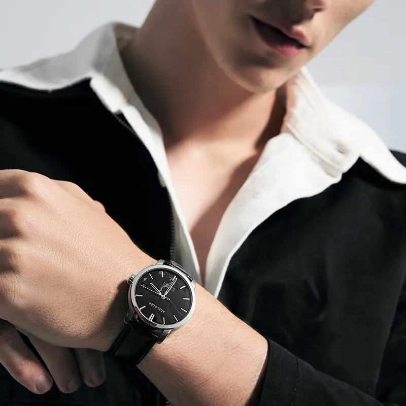 AGELOCER Automatic Mechanical Movement Genuine Leather Strap Watch Men's Watches Black Dial-1