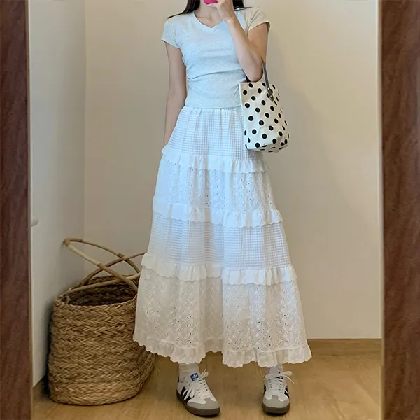 FLIM Casual Long Skirts Women's White Embroidery Lace-3