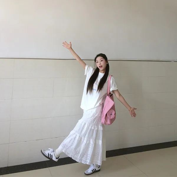 FLIM Casual Long Skirts Women's White Embroidery Lace-5
