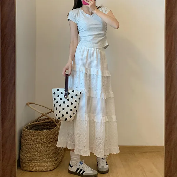 FLIM Casual Long Skirts Women's White Embroidery Lace-2