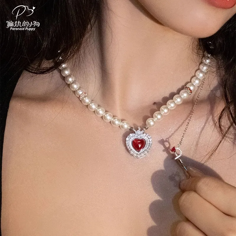 PARANOID PUPPY Pearl Glamorous Style Vintage Heart Necklace Women's-3