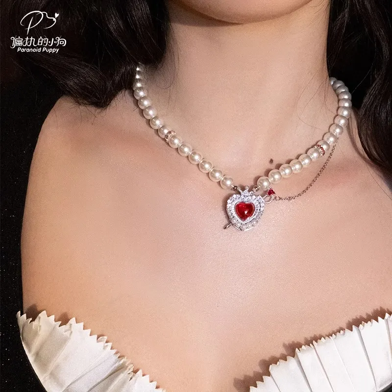 PARANOID PUPPY Pearl Glamorous Style Vintage Heart Necklace Women's-1