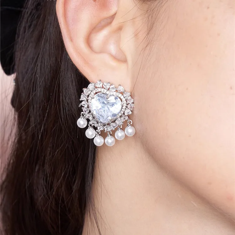 PARANOID PUPPY Heart Pearl Fringe Earrings Women's-3