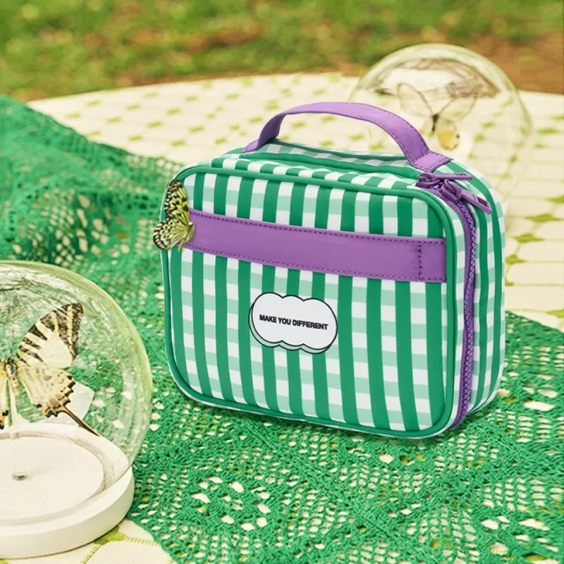 MYD Polyester Makeup Bag Trumpets Women's Green Plaid/Black White Wave-4