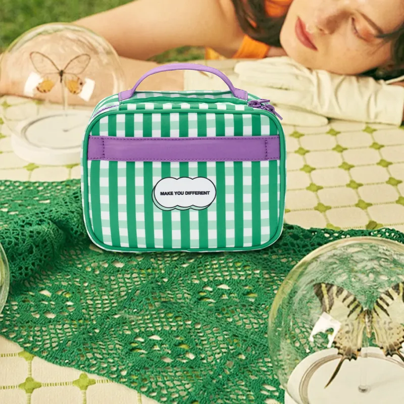MYD Polyester Makeup Bag Trumpets Women's Green Plaid/Black White Wave-5