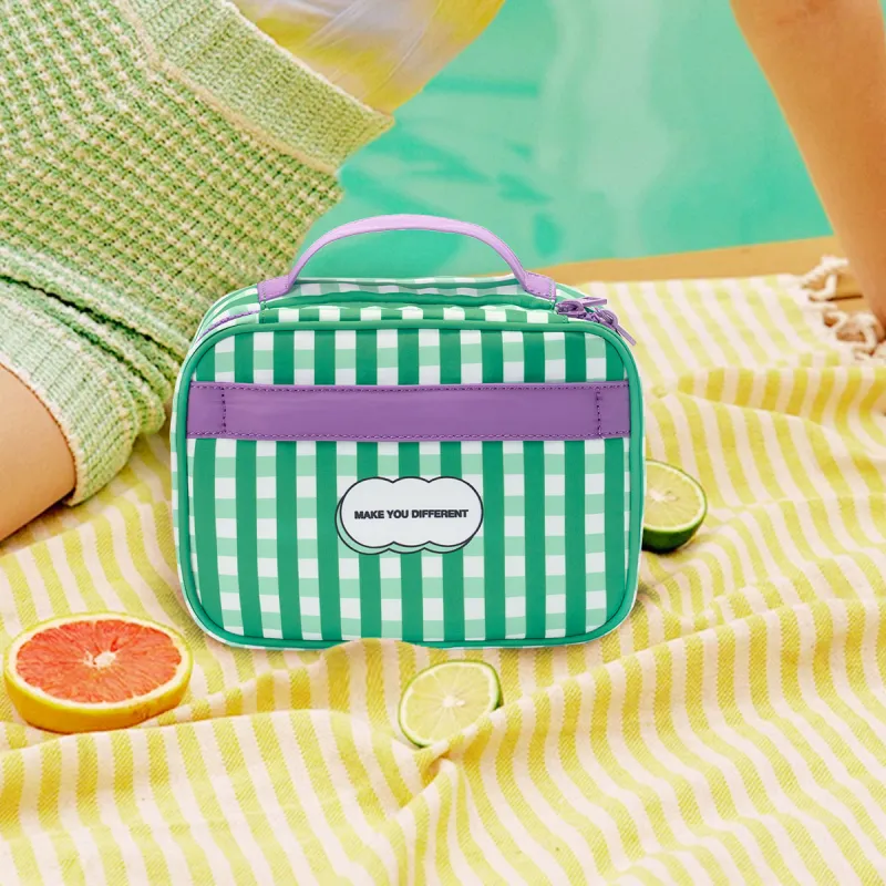 MYD Polyester Makeup Bag Trumpets Women's Green Plaid/Black White Wave-3