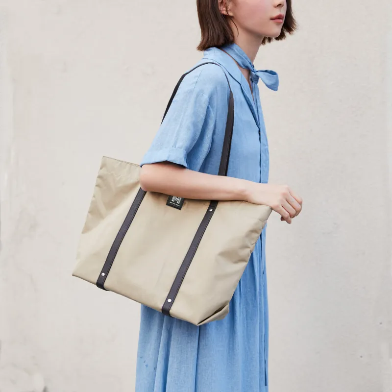 MYD High Quality Nylon Tote Bag, Shopping Bag, Shoulder Bag Large Size Women's Smoke Gray Khaki/Blackberry-4