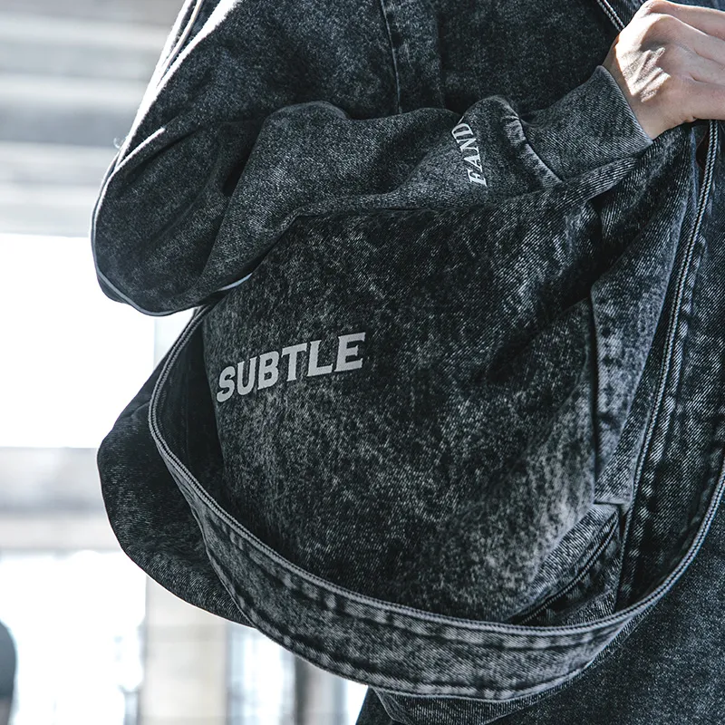 Subtle Washed Denim Shoulder Bag, Crossbody Bag, Fitness Bag, Travel Bag Unisex Nebula Black/Berry Blue/Stone Gray-4