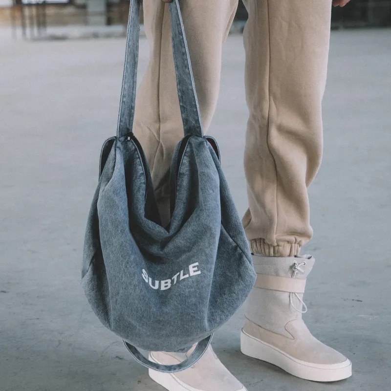 Subtle Washed Denim Shoulder Bag, Crossbody Bag, Fitness Bag, Travel Bag Unisex Nebula Black/Berry Blue/Stone Gray-10