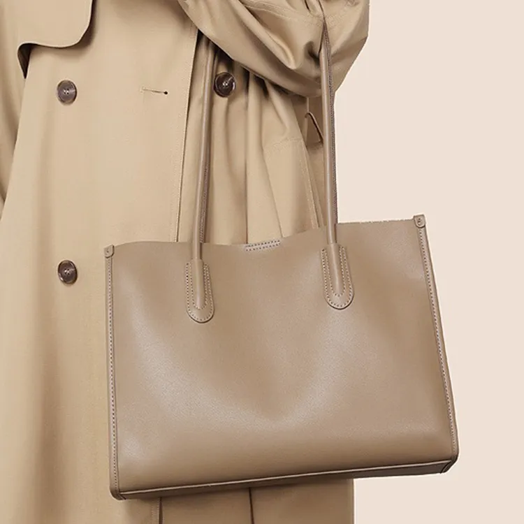 TTaG．baG Cow Leather Tote Bag, Shopping Bag, Shoulder Bag Women's Black/Premium Gray/Milk Tea-3