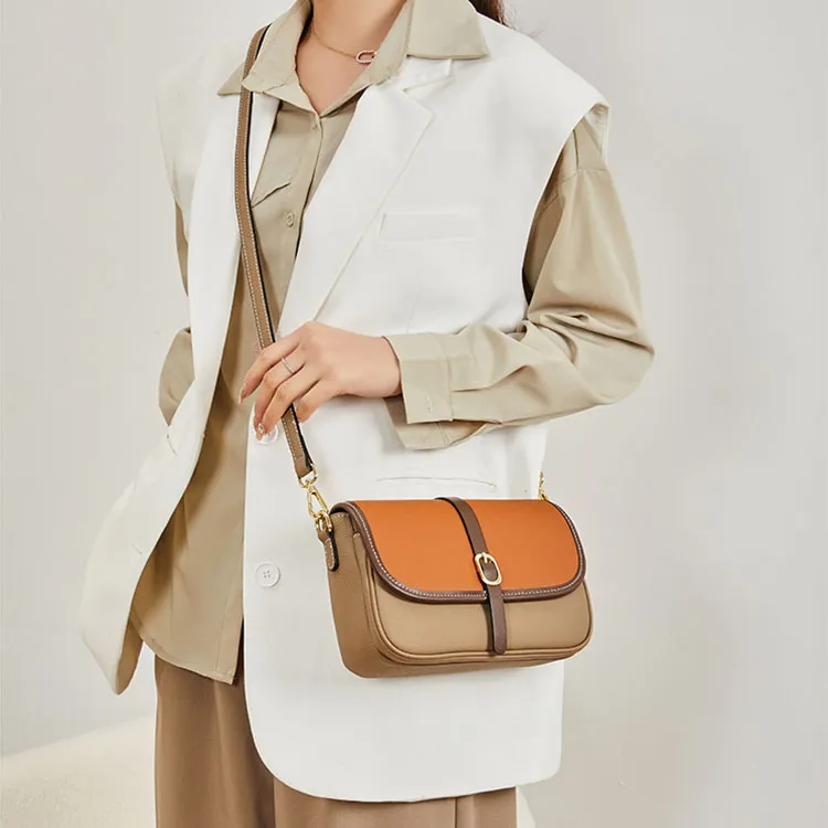 TTaG．baG Top Grain Cow Leather Shoulder Bag Women's Khaki/Caramel/Black-7