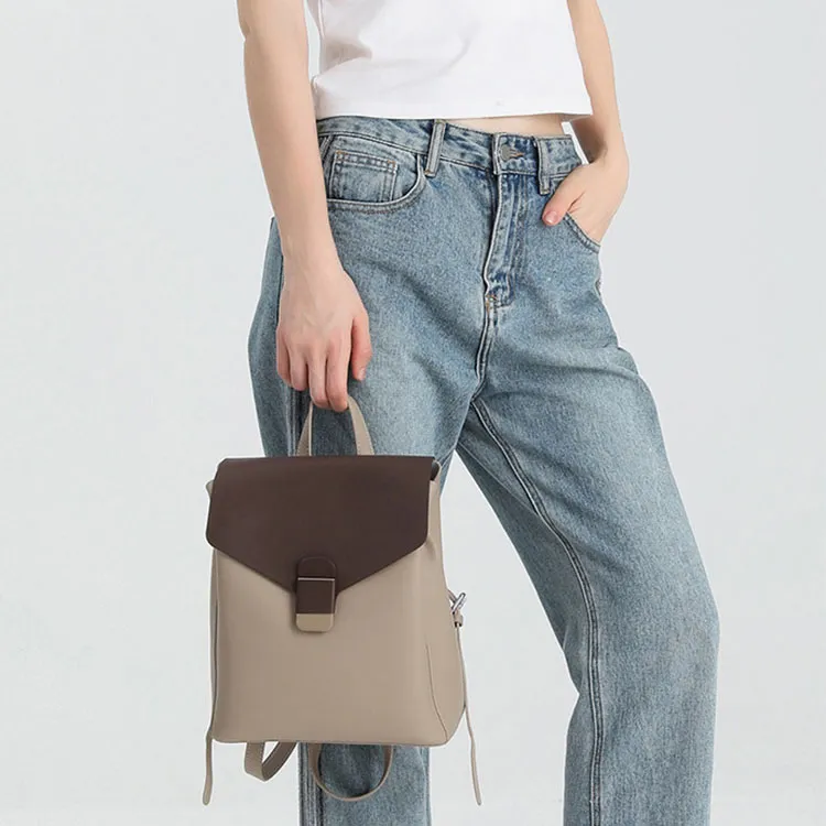 TTaG．baG Cow Leather Backpack Women's Apricot Coffee/Brown/Black-4