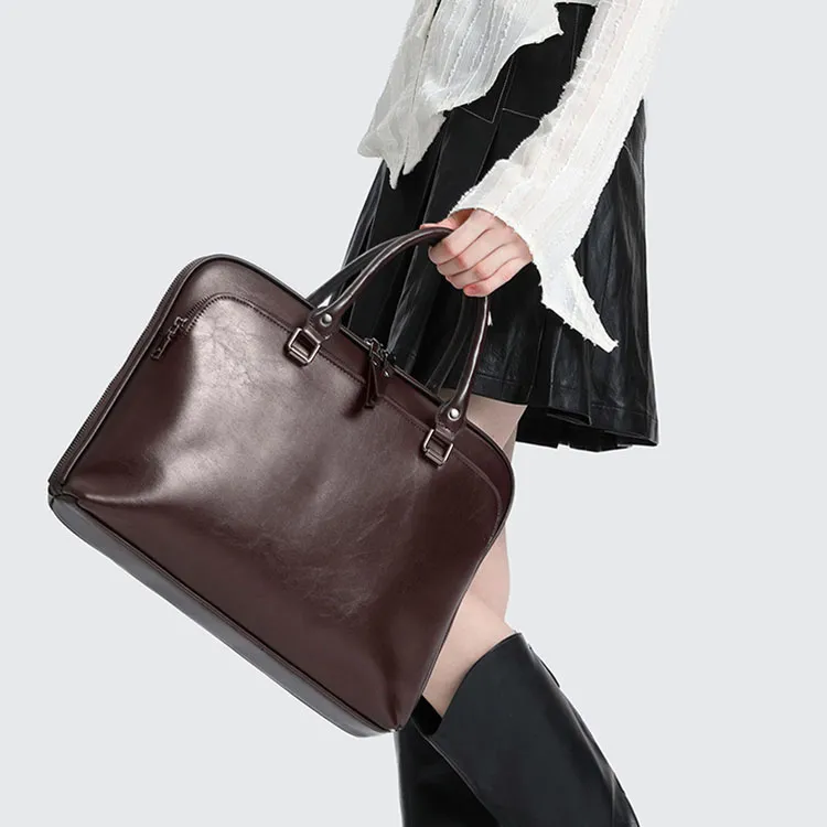 TTaG．baG Waxed Cow Leather Briefcases Unisex Coffee/Brown-2