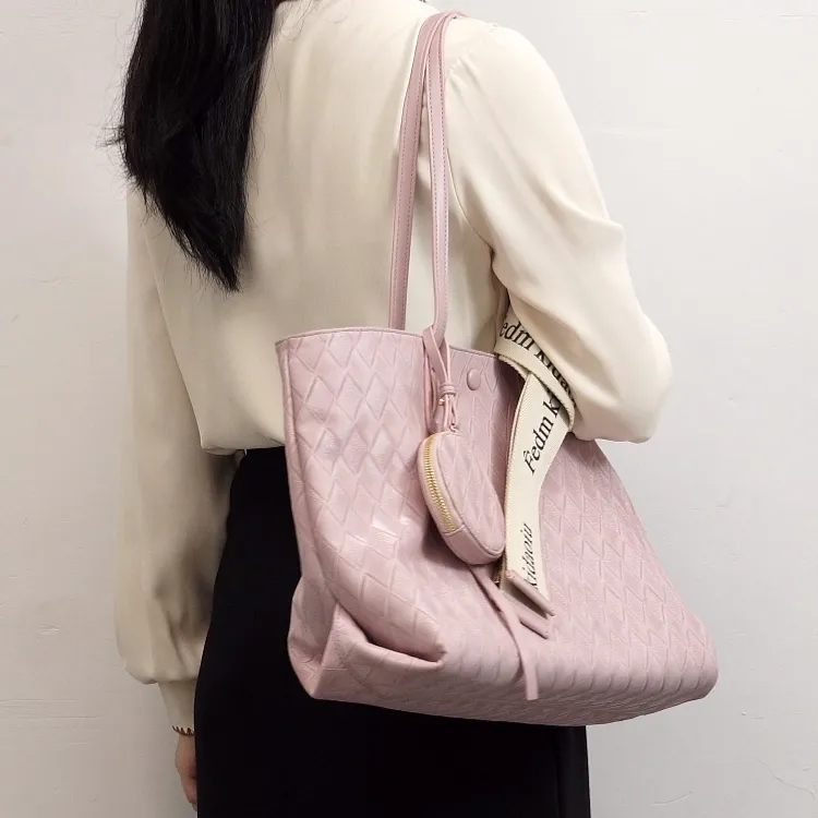 TTaG．baG Microfiber Synthetic Leather Tote Bag Shopping Bag Shoulder Bags Women's White/Pink-5