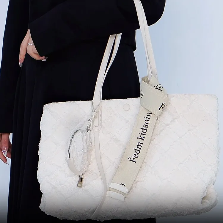 TTaG．baG Microfiber Synthetic Leather Tote Bag, Shopping Bag, Handbag, Shoulder Bag Women's White/Black-1