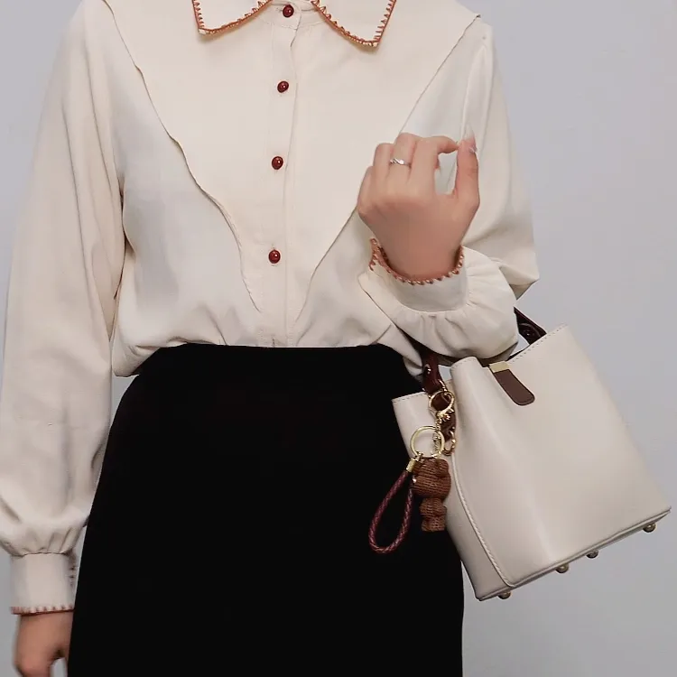 TTaG．baG Microfiber Synthetic Leather Shoulder Bag Women's White/Brown-2
