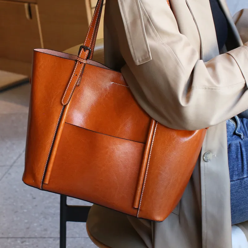 TTaG．baG Cow Leather Tote Bag, Shopping Bag, Handbag, Shoulder Bag Women's Black/Coffee/Sunset Yellow/Blue-9