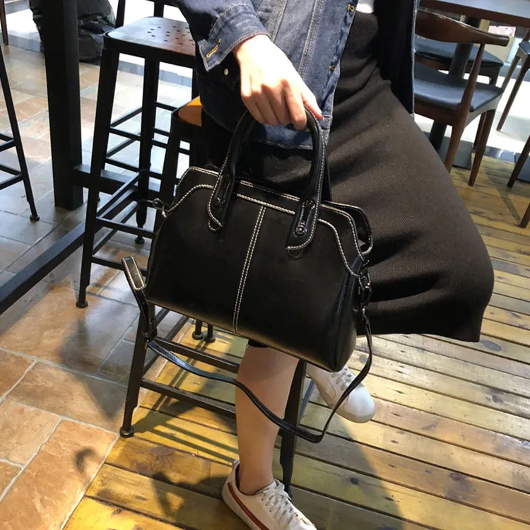 TTaG．baG Oil Wax Cow Leather Shoulder Bag, Crossbody Bag, Handbag Women's Coffee/Black-6