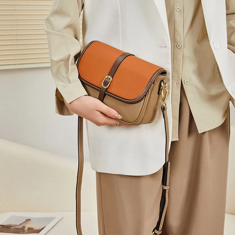 TTaG．baG Top Grain Cow Leather Shoulder Bag Women's Khaki/Caramel/Black-2