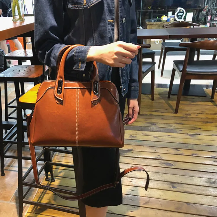 TTaG．baG Oil Wax Cow Leather Shoulder Bag, Crossbody Bag, Handbag Women's Coffee/Black-3