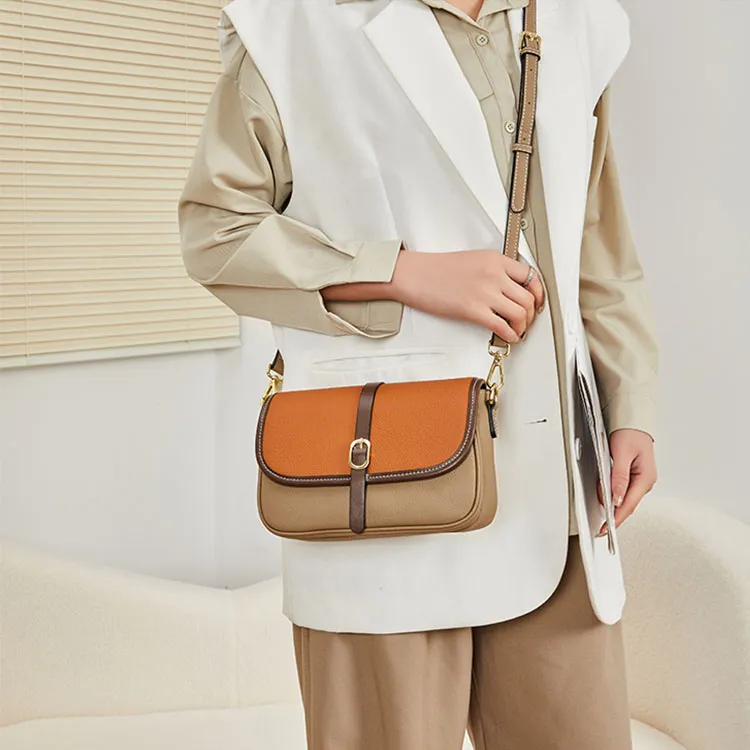 TTaG．baG Top Grain Cow Leather Shoulder Bag Women's Khaki/Caramel/Black-3