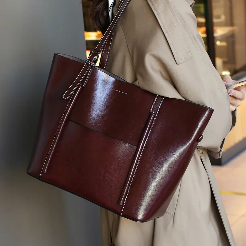 TTaG．baG Cow Leather Tote Bag, Shopping Bag, Handbag, Shoulder Bag Women's Black/Coffee/Sunset Yellow/Blue-5