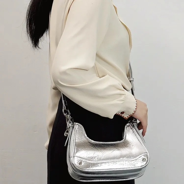 TTaG．baG Microfiber Leather Crossbody Bag, Shoulder Bag Women's Silver/Black-4