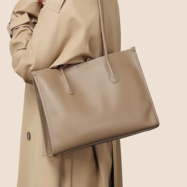 TTaG．baG Cow Leather Tote Bag, Shopping Bag, Shoulder Bag Women's Black/Premium Gray/Milk Tea-4