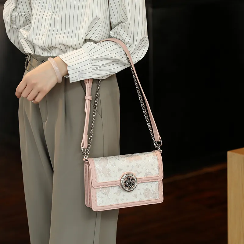TTaG．baG Cow Leather Handbag, Shoulder Bag Women's Gray/Pink-8