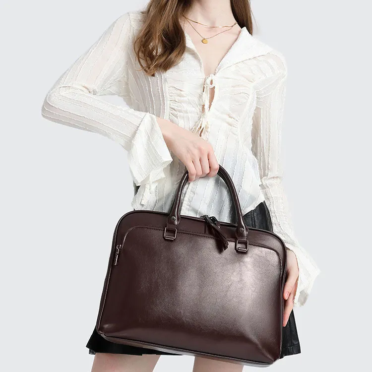 TTaG．baG Waxed Cow Leather Briefcases Unisex Coffee/Brown-1