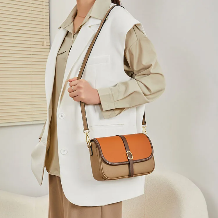 TTaG．baG Top Grain Cow Leather Shoulder Bag Women's Khaki/Caramel/Black-4