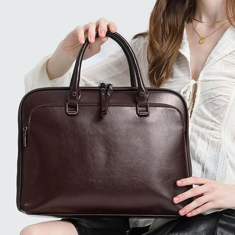 TTaG．baG Waxed Cow Leather Briefcases Unisex Coffee/Brown-3
