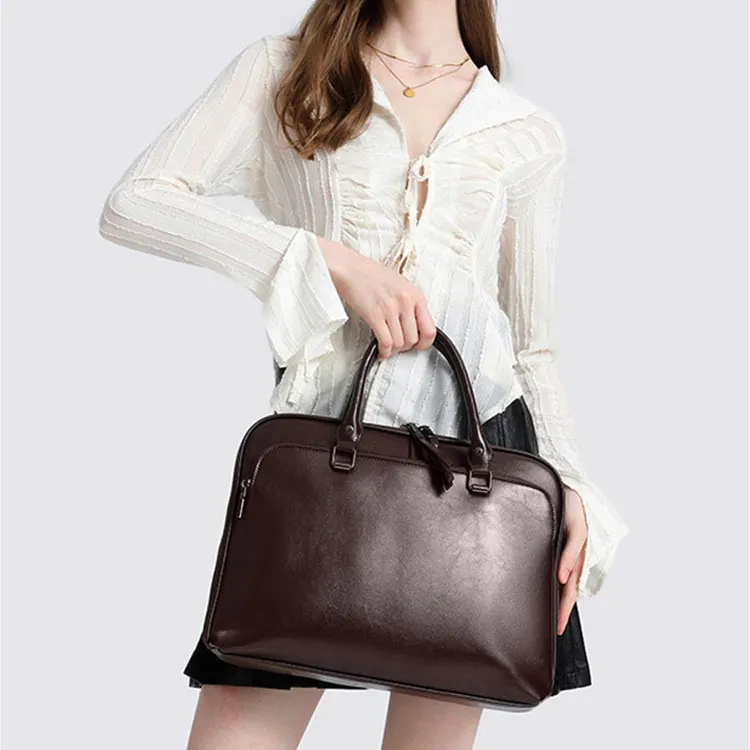TTaG．baG Waxed Cow Leather Briefcases Unisex Coffee/Brown-6