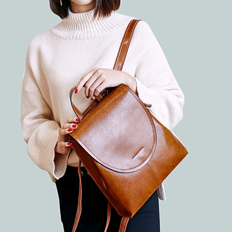 TTaG．baG Waxed Cow Leather Backpack Women's Brown/Black/Coffee/Green-2
