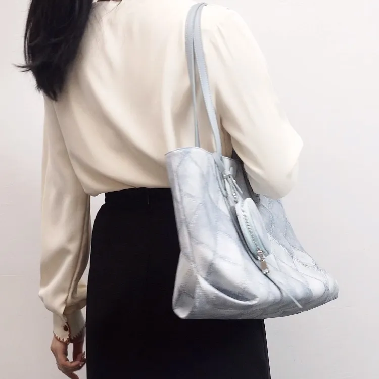TTaG．baG Microfiber Synthetic Leather Tote Bag, Shopping Bag, Shoulder Bag Women's Blue-2