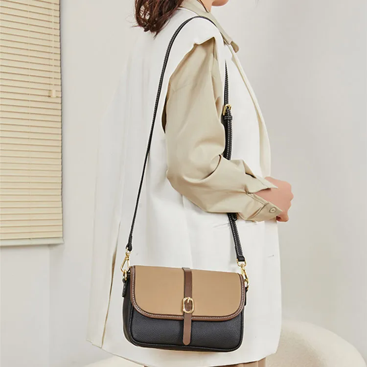 TTaG．baG Top Grain Cow Leather Shoulder Bag Women's Khaki/Caramel/Black-13