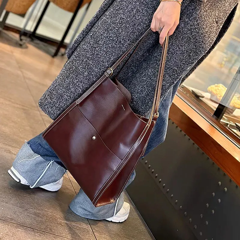 TTaG．baG Top Grain Vegetable Tanned Cow Leather One Shoulder Handbag Women's Coffee/Brown-1