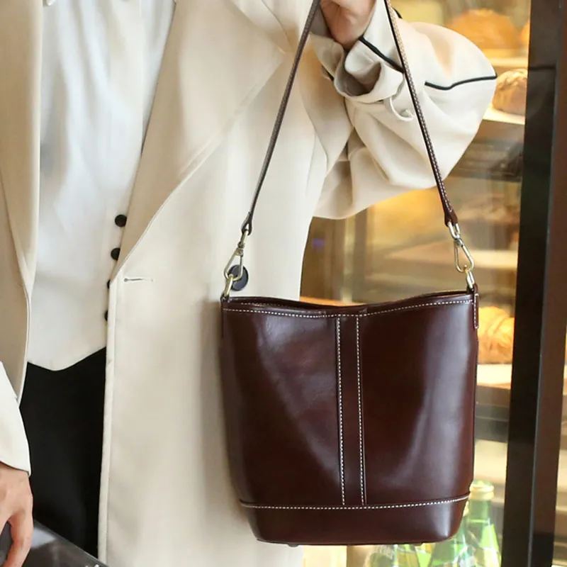 TTaG．baG Vegetable Tanned Top Grain Cow Leather Bucket Bags Crossbody Bag, Shoulder Bag Women's-5