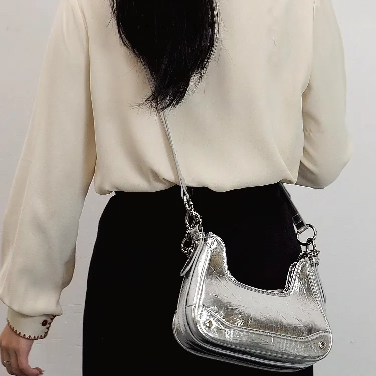 TTaG．baG Microfiber Leather Crossbody Bag, Shoulder Bag Women's Silver/Black-3