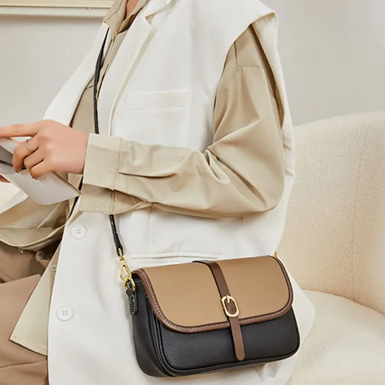 TTaG．baG Top Grain Cow Leather Shoulder Bag Women's Khaki/Caramel/Black-12