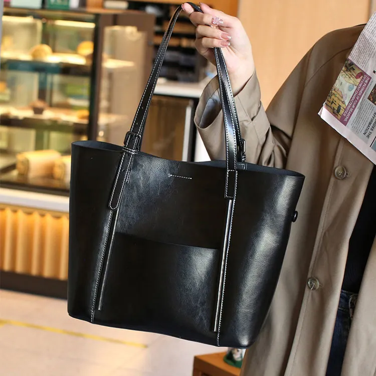 TTaG．baG Cow Leather Tote Bag, Shopping Bag, Handbag, Shoulder Bag Women's Black/Coffee/Sunset Yellow/Blue-1