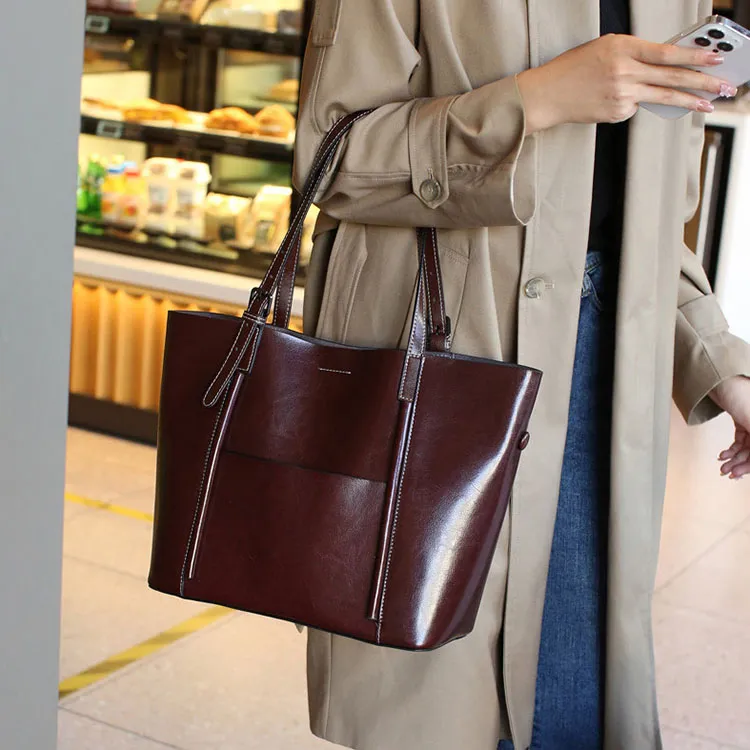 TTaG．baG Cow Leather Tote Bag, Shopping Bag, Handbag, Shoulder Bag Women's Black/Coffee/Sunset Yellow/Blue-6
