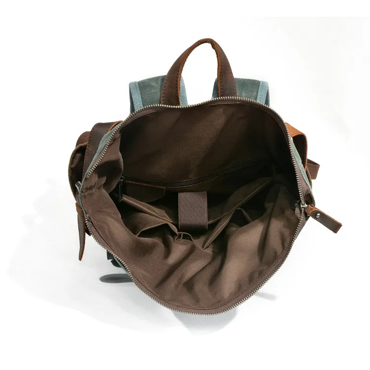 TTaG．baG Top Grain Cow Leather With Shellac Canvas Backpack Men's Dark Gray/Coffee/Military Green Gray Green/Lake Green-11