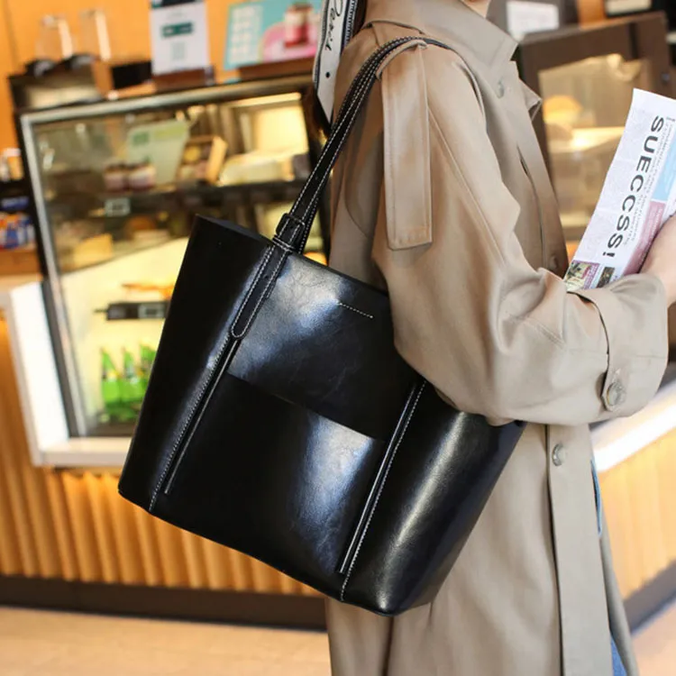 TTaG．baG Cow Leather Tote Bag, Shopping Bag, Handbag, Shoulder Bag Women's Black/Coffee/Sunset Yellow/Blue-2
