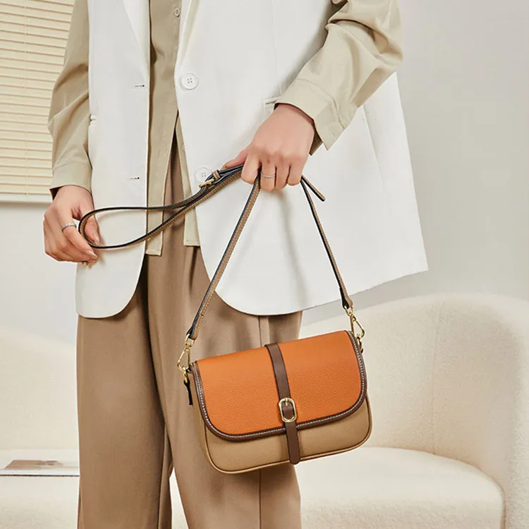 TTaG．baG Top Grain Cow Leather Shoulder Bag Women's Khaki/Caramel/Black-5