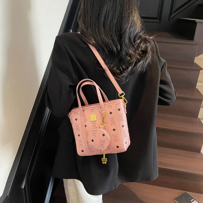 Yalu PU Basket Bag, One Shoulder Handbag Women's Pink/Brown/Ecru-6