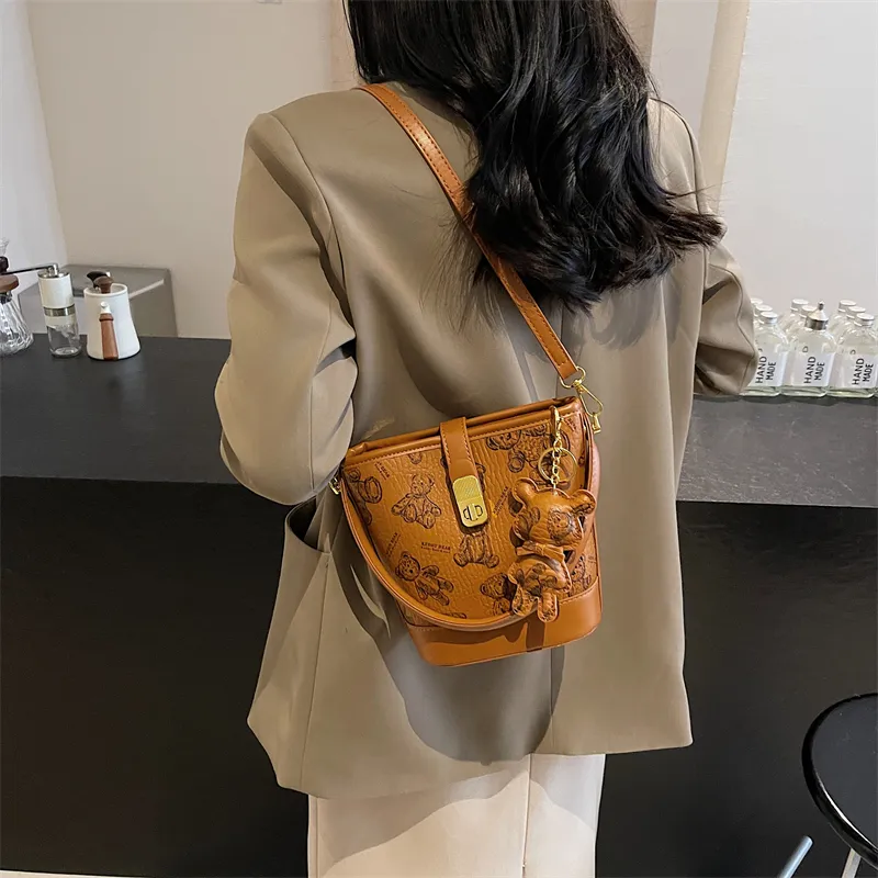 Yalu PU Bucket Bag, One Shoulder Handbag Women's Black/Brown/Ecru/Pink-10