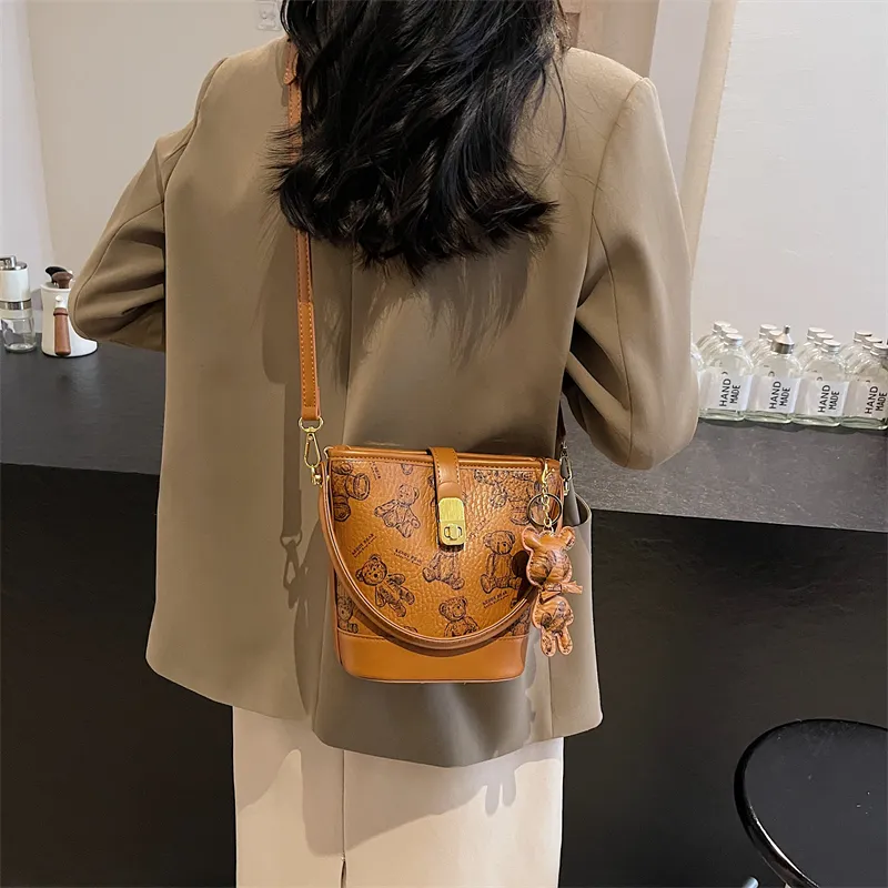 Yalu PU Bucket Bag, One Shoulder Handbag Women's Black/Brown/Ecru/Pink-12