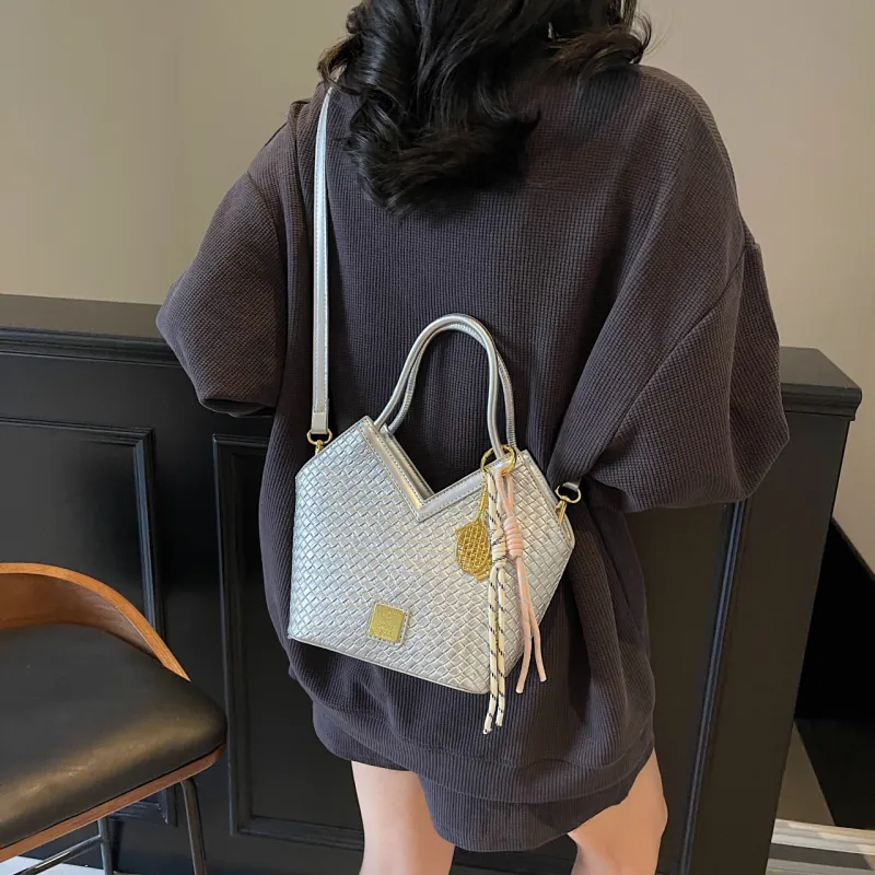 Yalu PU Basket Bag, One Shoulder Handbag Women's Silver/Blue/Ecru/Pink/Black-5