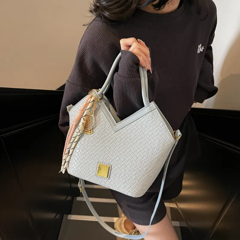 Yalu PU Basket Bag, One Shoulder Handbag Women's Silver/Blue/Ecru/Pink/Black-10